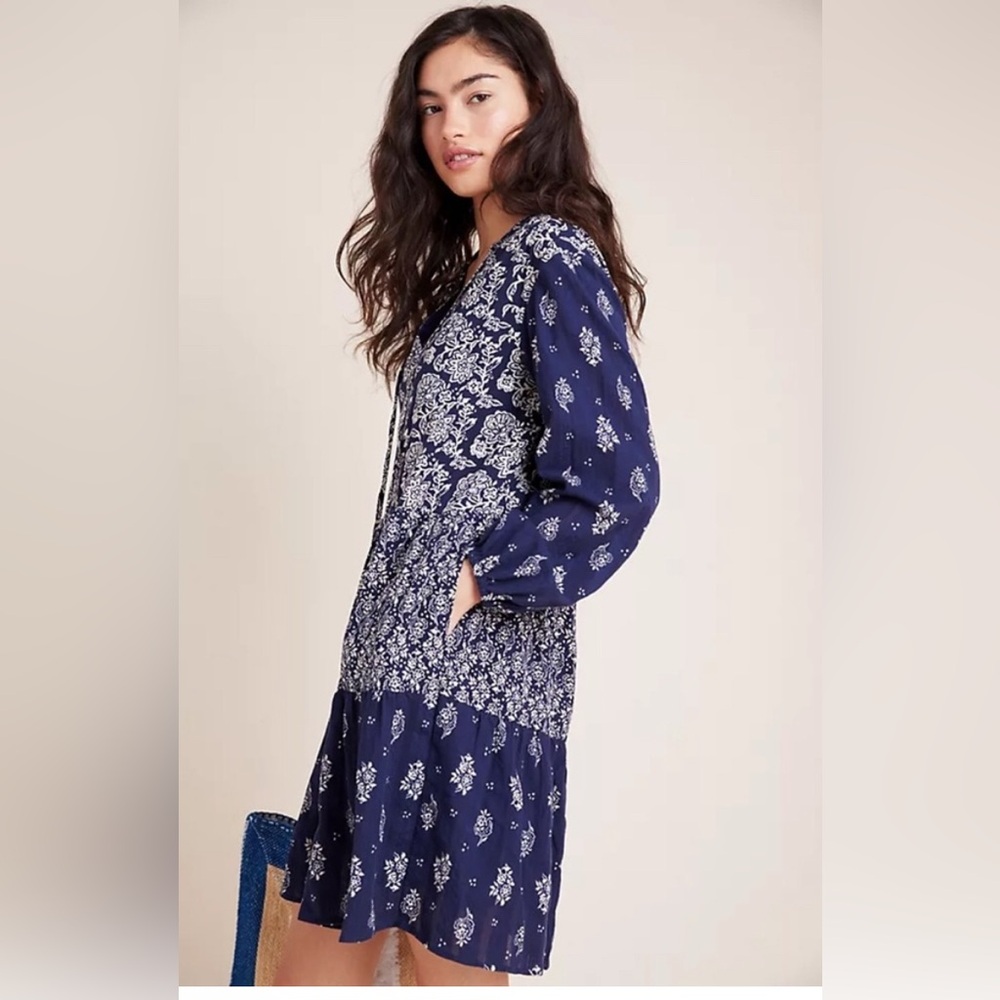 Anthropologie Navy Blue Floral Mini Dress - Picture 4 of 11